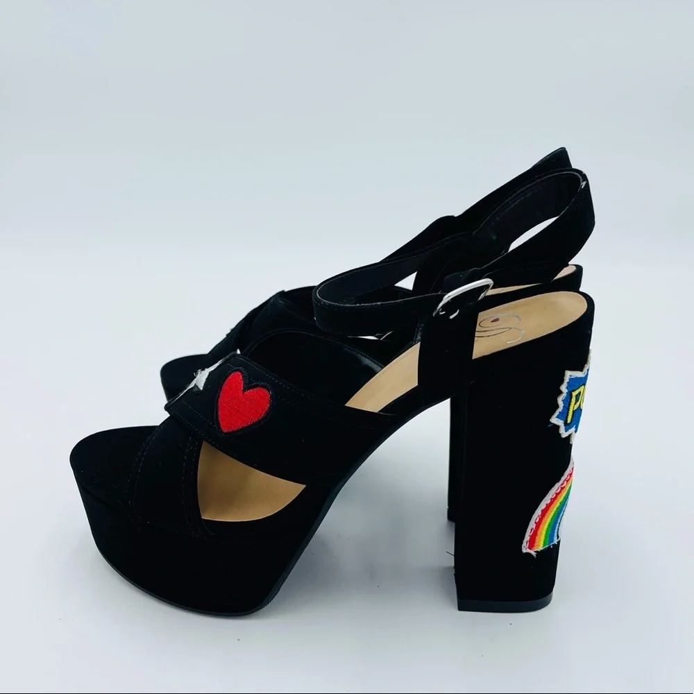 NEW BLACK MULTI STRAP HEART STAR RAINBOW PATCH SUEDE FELT PLATFORMS